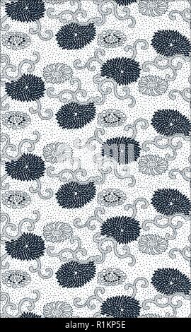 Indigo dye seamless block print pattern, Japanese traditional motif with chrysanthemum flowers and arabesques. Ecru  on navy blue background. Stock Vector