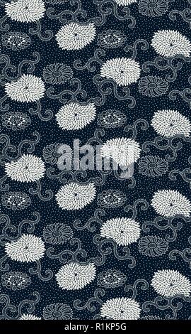 Indigo dye seamless block print pattern, Japanese traditional motif with chrysanthemum flowers and arabesques. Navy blue on ecru background. Stock Vector