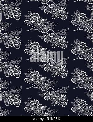 Indigo dye seamless stencil pattern, Japanese traditional motif with peony flowers and blossoms. Ecru on navy blue background. Stock Vector