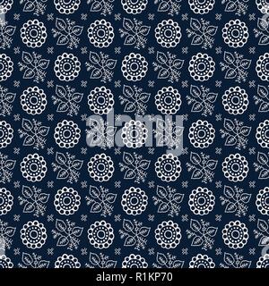 Seamless indigo dye woodblock printed floral pattern. Vector ethnic ornament, traditional Russian motif with leaves and flowers, ecru on navy blue. Stock Vector