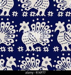 Indigo dye woodblock print seamless floral pattern. Ethnic Russian vector motif with roosters and flowers. Ecru on navy blue background. Stock Vector