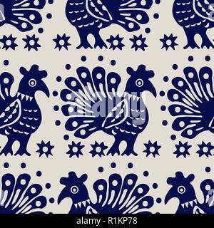 Indigo dye woodblock print seamless floral pattern. Ethnic Russian vector motif with roosters and flowers. Navy blue on ecru background. Stock Vector