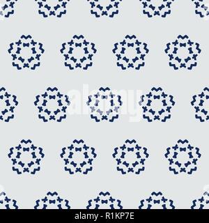 Indigo dye seamless pattern, Japanese traditional geometric motif with stencil cherry blossom. Navy blue on ecru background. Stock Vector