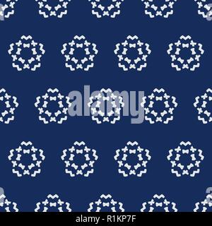 Indigo dye seamless pattern, Japanese traditional geometric motif with stencil cherry blossom. Ecru on navy blue background. Stock Vector