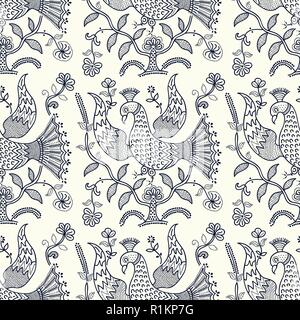 Indigo dye woodblock print seamless floral pattern. Vector Russian folk motif with mythical fire birds and flowers. Navy blue on ecru background. Stock Vector
