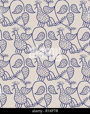 Traditional block printed ornament. Seamless floral pattern, handmade Russian folk motif with singing birds and vine. Blue on ecru background Stock Vector