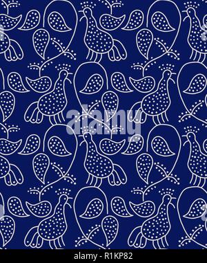 Woodblock print seamless floral pattern. Blue vector Russian folk motif with singing birds and vine. Ecru on indigo background. Stock Vector