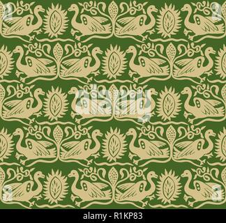 Seamless gold printed ethnic pattern. Traditional European folk motif with gees and floral arabesques, on green background. Textile print. Stock Vector