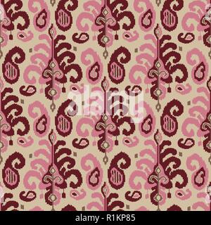 Seamless ikat paisley pattern. Traditional oriental ethnic ornament. Burgundy red, pink and taupe on beige background. Textile design. Stock Vector