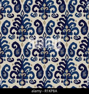 Seamless ikat paisley pattern. Traditional oriental ethnic ornament. Indigo, cobalt blue and beige on ecru background. Textile design. Stock Vector