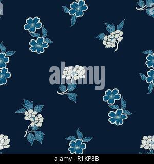 Indigo dye seamless batik pattern, Japanese traditional motif with peony flowers and cherry blossoms. Ecru and cobalt on navy blue background. Stock Vector