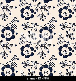 Seamless indigo woodblock printed floral pattern. Vector ethnic ornament, traditional Russian motif with blossoms, branches and dots, navy blue on ecr Stock Vector