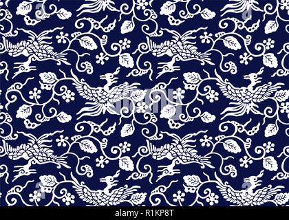 Seamless indigo dye stencil pattern, Japanese traditional motif with birds and vines. White on navy blue background. Stock Vector