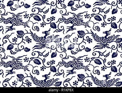 Indigo dye seamless stencil pattern, Japanese traditional motif with peony flowers and blossoms. Navy blue on ecru background. Stock Vector