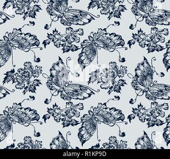 Indigo dye seamless stencil pattern, Japanese traditional katazome motif with butterflies and peony flowers. Navy blue on ecru background. Stock Vector