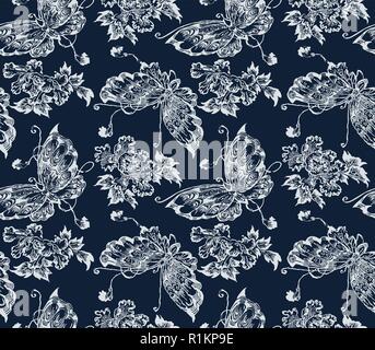 Indigo dye seamless stencil pattern, Japanese traditional katazome motif with butterflies and peony flowers. Ecru on navy blue background. Stock Vector