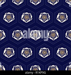 Indigo dye seamless block print pattern, Japanese traditional geometric motif with cherry blossom and hexagons honeycomb. Ecru and gold on navy blue b Stock Vector