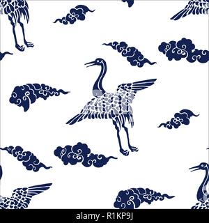 Indigo dye seamless  stencil pattern, Japanese traditional motif with cranes and clouds. Navy blue on ecru background. Stock Vector