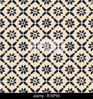 Seamless woodblock printed ethnic pattern. Vector floral geometric ornament, traditional Russian folk motif with daisy flowers and diamond print, indi Stock Vector
