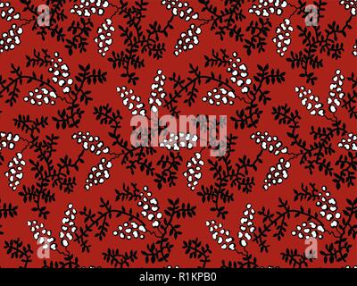Seamless woodblock printed floral pattern. Vector ethnic ornament, traditional Russian motif with vines and ecru flower clusters on red background. Stock Vector