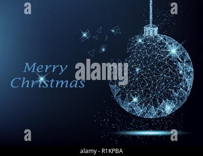 Merry Christmas greeting card with polygonal Christmas tree ball and pieces flying apart. Bright postcard for holiday. Vector illustration on blue bac Stock Vector