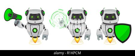 Robot with artificial intelligence, bot, set of three poses. Funny cartoon character holds loudspeaker, holds shield and points on round hologram. Vec Stock Vector