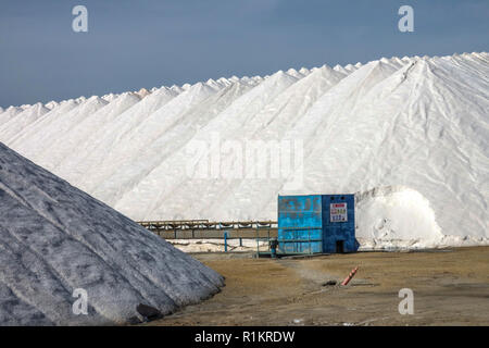 Spain salt works, Santa Pola, Heap of sea salt, Blue shed in white sodium piles Stock Photo