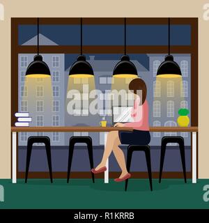 Woman working at the computer at the bar counter near the panoramic window in the coffee house. City view. Place to work. Stock Vector