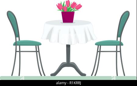 Restaurant table with chairs and a bouquet of tulips. Flat isolated vector illustration. Stock Vector