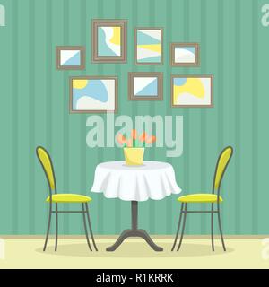 Restaurant interior in classic style. Table with chairs near the wall with pictures. Stock Vector