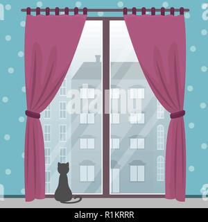 Window with city view in a cozy room with a cat. Vector flat illustration. Stock Vector