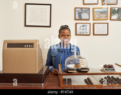 Smiling young artisanal chocolate shop owner standing behind her counter Stock Photo