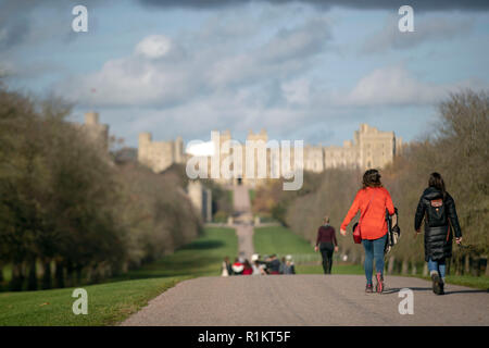 Walkers enjoy the sunshine on the Long Walk at Windsor Castle, Berkshire. Stock Photo