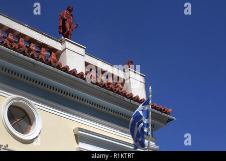 Kea Island Greece Ioulidha Former Town Hall Built in 1902 now School of Music Clay statue of Apollo on Roof Stock Photo