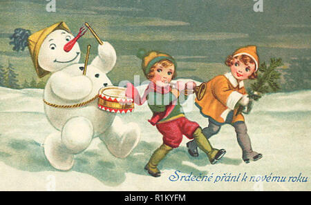 vintage snowman christmas card design artwork Stock Photo