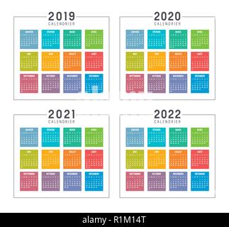 Set of minimalist colorful calendars in French language, years 2019 2020 2021 2022, weeks start Monday, on white background - Vector templates. Stock Vector