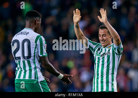 BARCELONA, SPAIN - NOVEMBER 11: Andres Guardado (R) of Real Betis Balompie celebrates the victory with his teammate Hector Junior Firpo Adames during the La Liga match between FC Barcelona and Real Betis Balompie at Camp Nou on November 11, 2018 in Barcelona, Spain. (Photo by David Aliaga/MB Media) Stock Photo