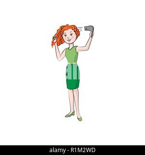 Girl dries hair with a hairdryer. Vector color illustration Stock Vector