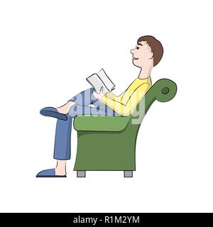 The guy, boy (man) is reading a book in the chair. Vector color illustration. Stock Vector