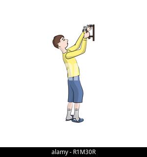 A guy, boy (man) hammering the shelf with a hammer. Vector color illustration. Stock Vector