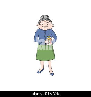 Grandma is holding a jar of jam. Vector color illustration Stock Vector