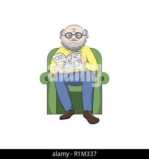 Grandfather in a chair reading a newspaper. Vector color illustration Stock Vector