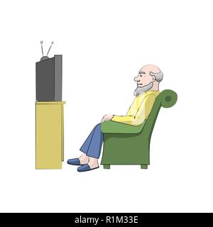 Grandpa watches TV. Vector color illustration Stock Vector