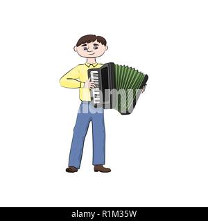 man (boy) plays the accordion. Vector color illustration. Stock Vector