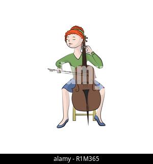 The girl (woman) plays the cello. Vector color illustration. Stock Vector