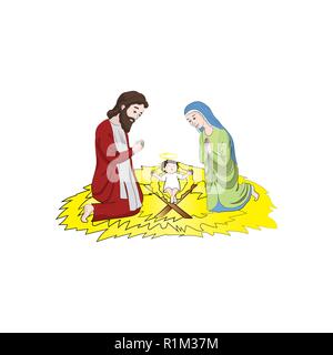 Mary and Joseph near the Baby Jesus Christ. Christmas. Vector color illustration Stock Vector