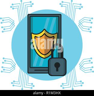 Smartphone with security system over digital round emblem vector illustration graphic design Stock Vector