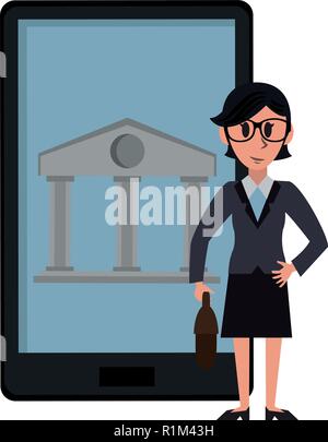Businesswoman banker with smartphone bank app vector illustration graphic design Stock Vector