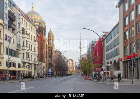 Berlin, Germany (10th November 2018) - View of Oranienburger Strasse with the Neue Synagogue on the left and the Television tower in the background Stock Photo