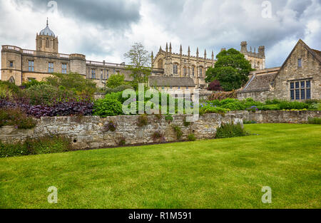 The view of main Christ Church college buildings: Tom Tower, Tom Quad, Great Dining Hall and Bodley Tower from the Christ Church Memorial Gardens. Oxf Stock Photo